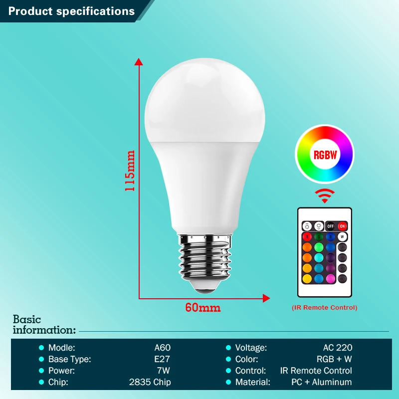 16 Colors RGB Bulb LED Multicolor Bulb E27 Base 220V Household Lighting Dimmable 24 Key Remote Control Atmosphere Neon Light