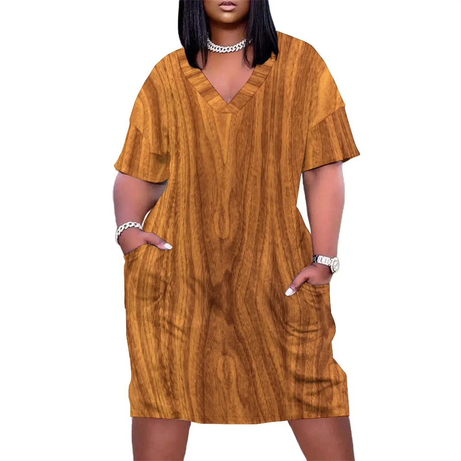 

Teak Wood Digital Texture Loose Pocket Dress women's clothing korea stylish Woman clothes