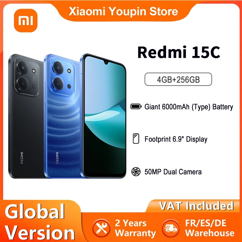 الإصدار العالمي Redmi 15C 4GB 256GB 6.9 "عرض 33W FastCharging 6000mAh 120HZ USB Type-C تسجيل الفيديو 1920x1080px NFC