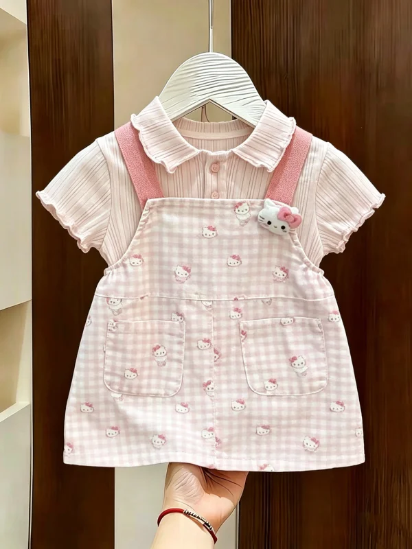

Cute Cartoon Plaid Summer Two-Piece Set Casual Breathable Cotton Girls' Dress Skirt Suit Sweet Stylish Girl's Outfit