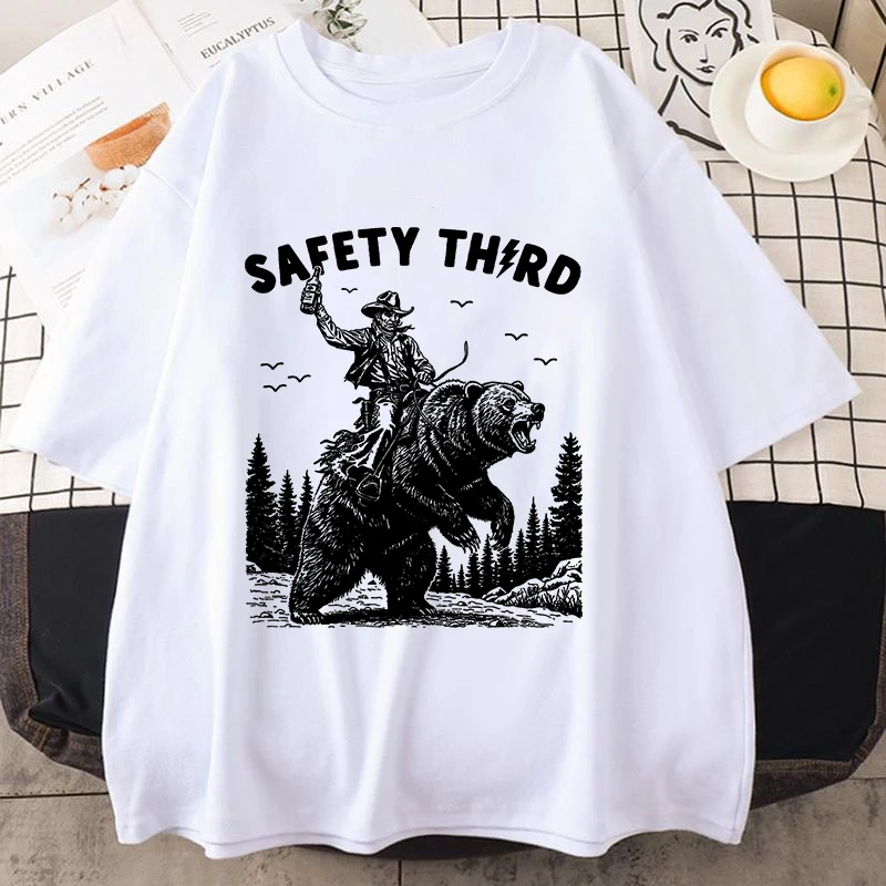Safety Third Shirt Funny T Shirt Cool Graphic Men Women Shirt Bear Retro Illustration Unisex Tee Street Clothing Harajuku Tops
