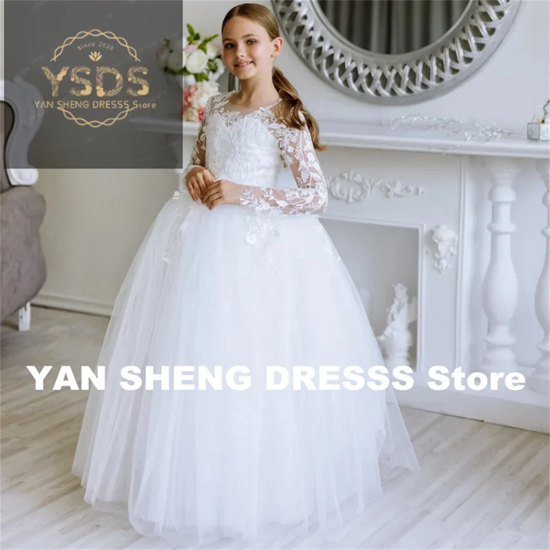 Customized Flower Girl Dresses White Tulle Lace Appliques With Bow Long Sleeve For Wedding Birthday Party First Communion Gowns