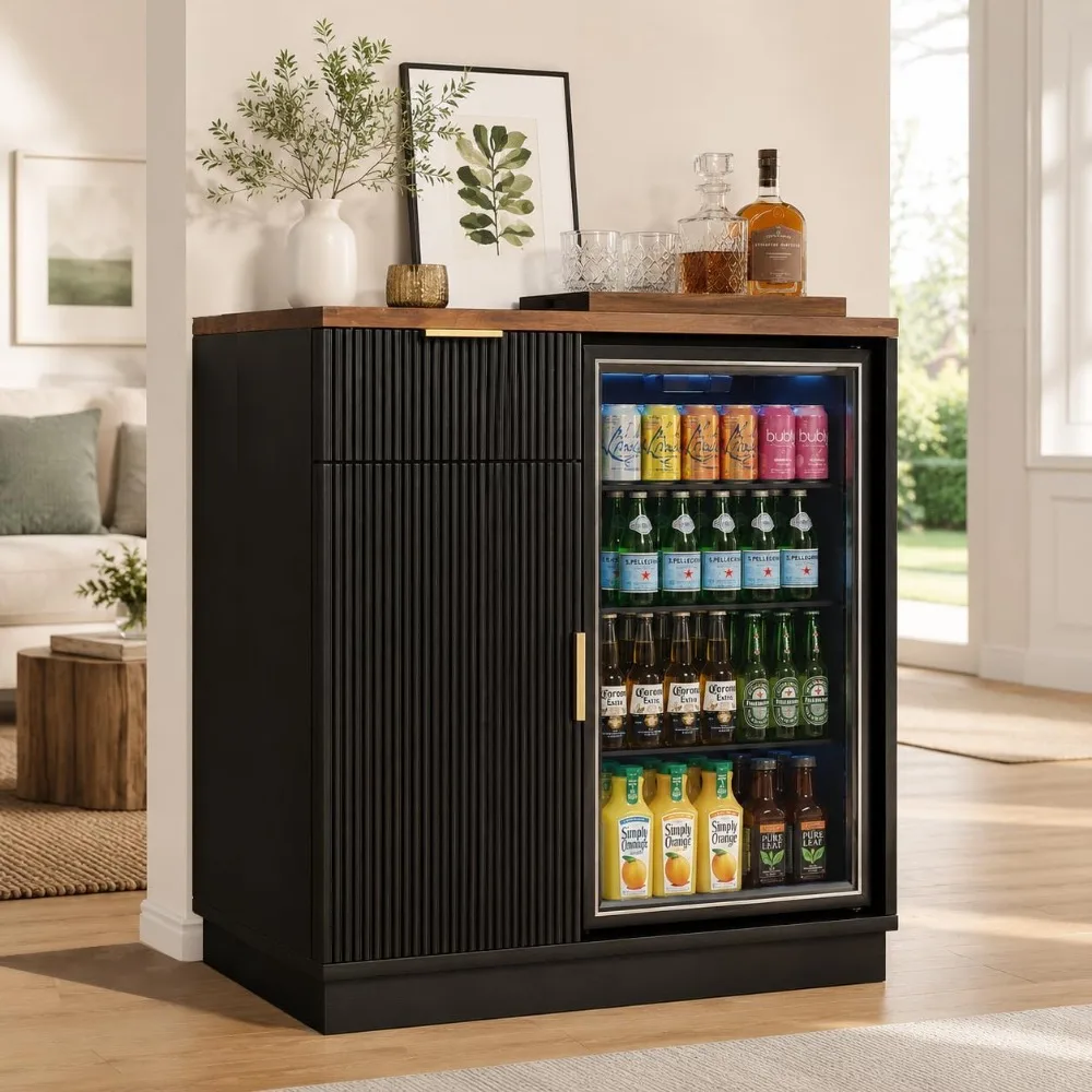 Coffee Bar Cabinet with Mini Fridge Space & Charging Station, Fluted Beverage Center Cabinet with Drawer and Adjustable Shelves,