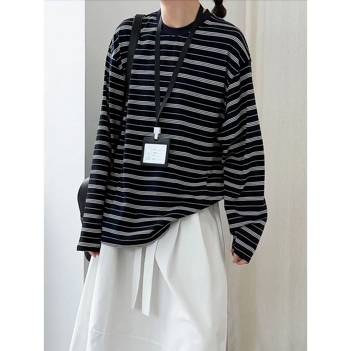 

Color-block Striped Loose Simple Long-sleeve T-shirt For Women Autumn Round Neck Base Shirt Top