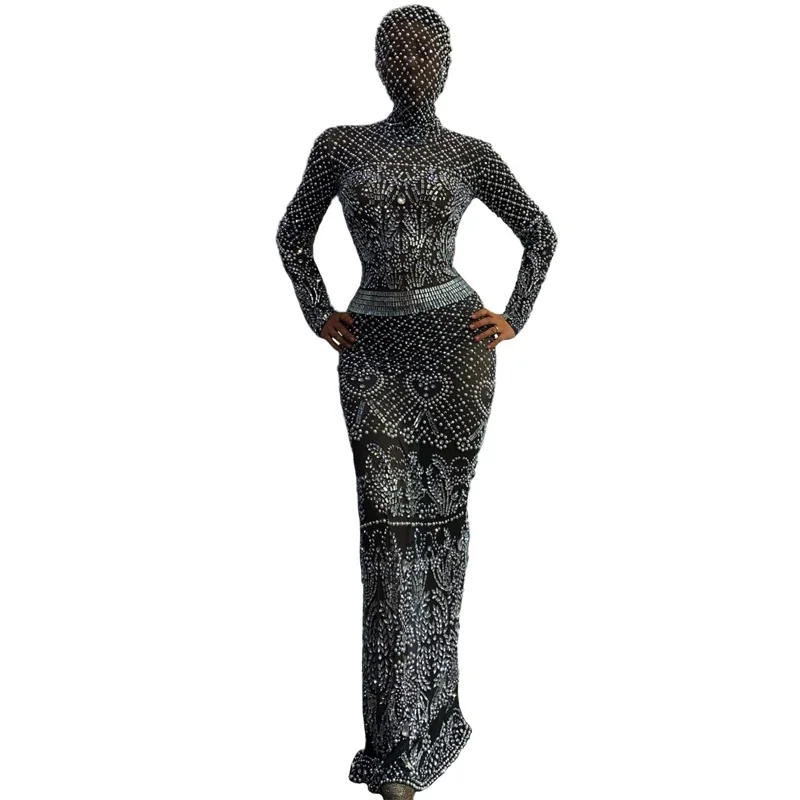 Damskie Sukienki Wieczorowe z Długim Rękawem, Całe w Dżetach i Perłach, Sukienka na Uroczystość, Ubranie na Przyjęcie Urodzinowe, Seksowne Kostiumy Gogo XS7001