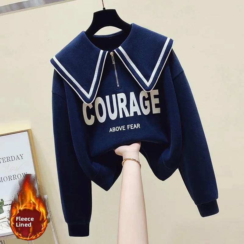 Teenage Girl's Fleece Lined Thickened Navy Collar Sweatshirt Small Size Winter Fashionable Clothing School Sweet Style Zipper