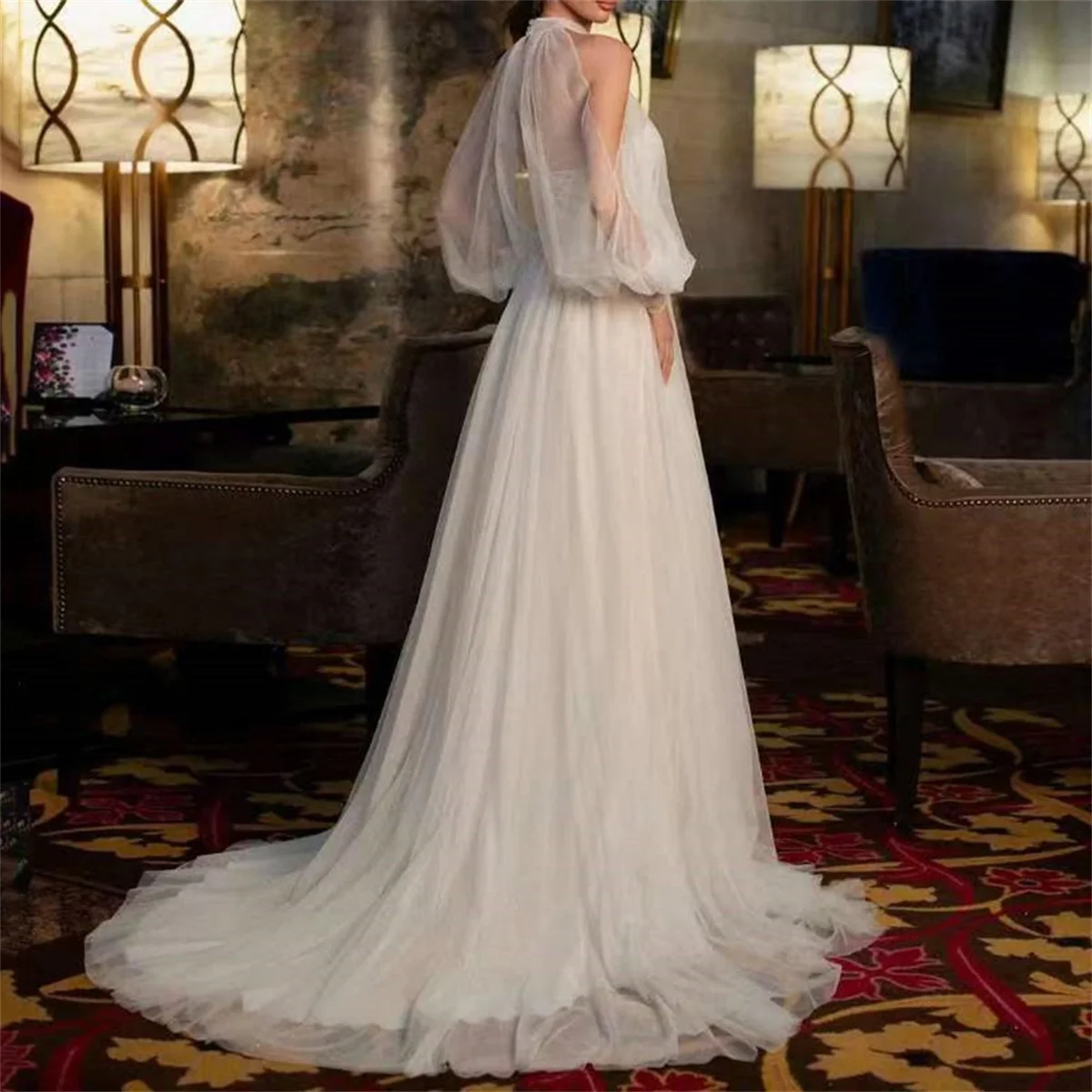 Customized Simple Style Wedding Dress High Neck Sheath Tulle Strapless Long Sleeve Pearl Corset Split Wedding Dresses For Woman