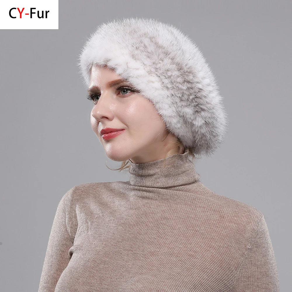 Real Mink Fur Berets Elegant Women's Winter Caps New Design Fashion Fur Hats Knitted Warm Natural Mink Fur Beanies Hat