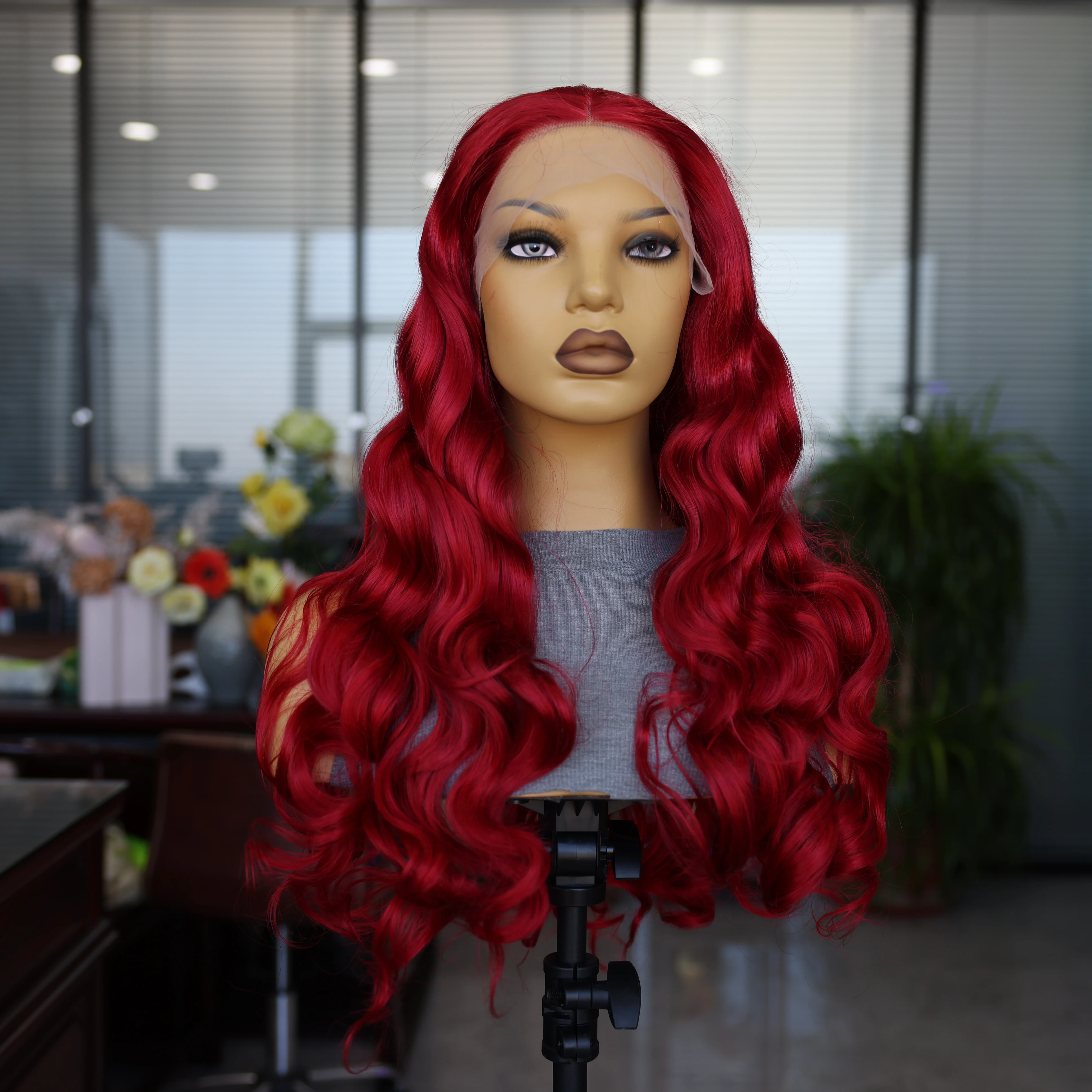 Red Synthetic Long Wave Wig Suitable for Women Cosplay Travel Transparent Lace Front Lace Mesh Cap Breathable and Comfortable