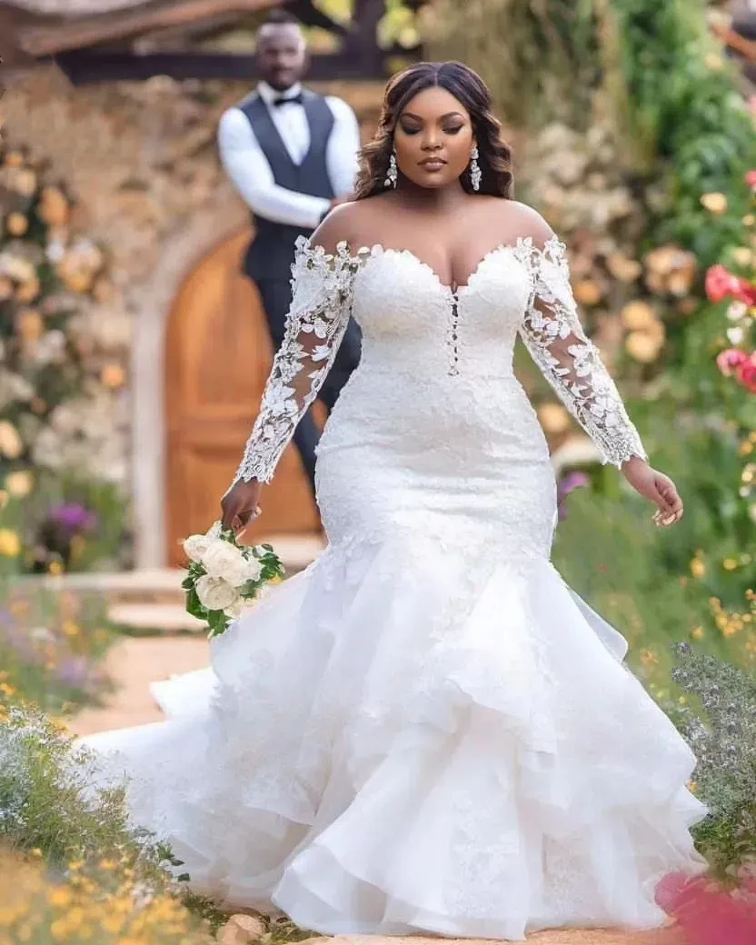 Hot Mermaid Aso Ebi Plus Size White Lace Wedding Dress Sexy Sweetheart Transparent Collar Long Sleeve Wedding Dress Customized