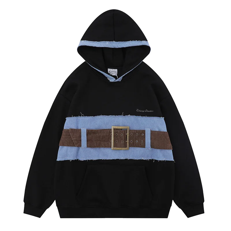 Oversized Hip Hop Belt Patchwork Sweatshirts Men Harakuju Streetwear Black Pullover Hoodies Fleece Lined