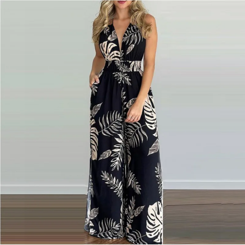 Summer New Fashion Qing New Jumpsuit Sweetheart Europe and America Lazy Gentle Sling Women's Digital Printing Wide Leg Jumpsuit