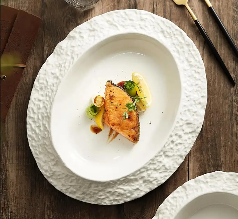 

Oval Ceramic Plate Restaurant Decoration White Steak Main Dish Home Kitchen Tableware Salad Dessert