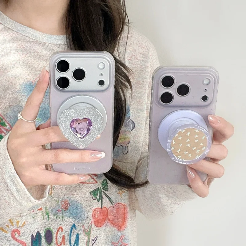 

Fashion Plating Purple Magnetic Phone Case For iPhone 17 Pro 16 15 Pro Max Cover with Love Heart Stand For Magsafe Cases Cute Ca