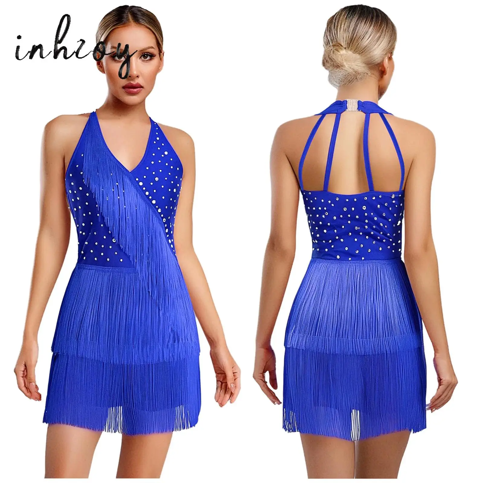 

Women Modern Dance Dress Shiny Rhinestones Performance Costume Fringe Tassel Latin Jazz Tango Salsa Dance Leotard Bodysuit Dress