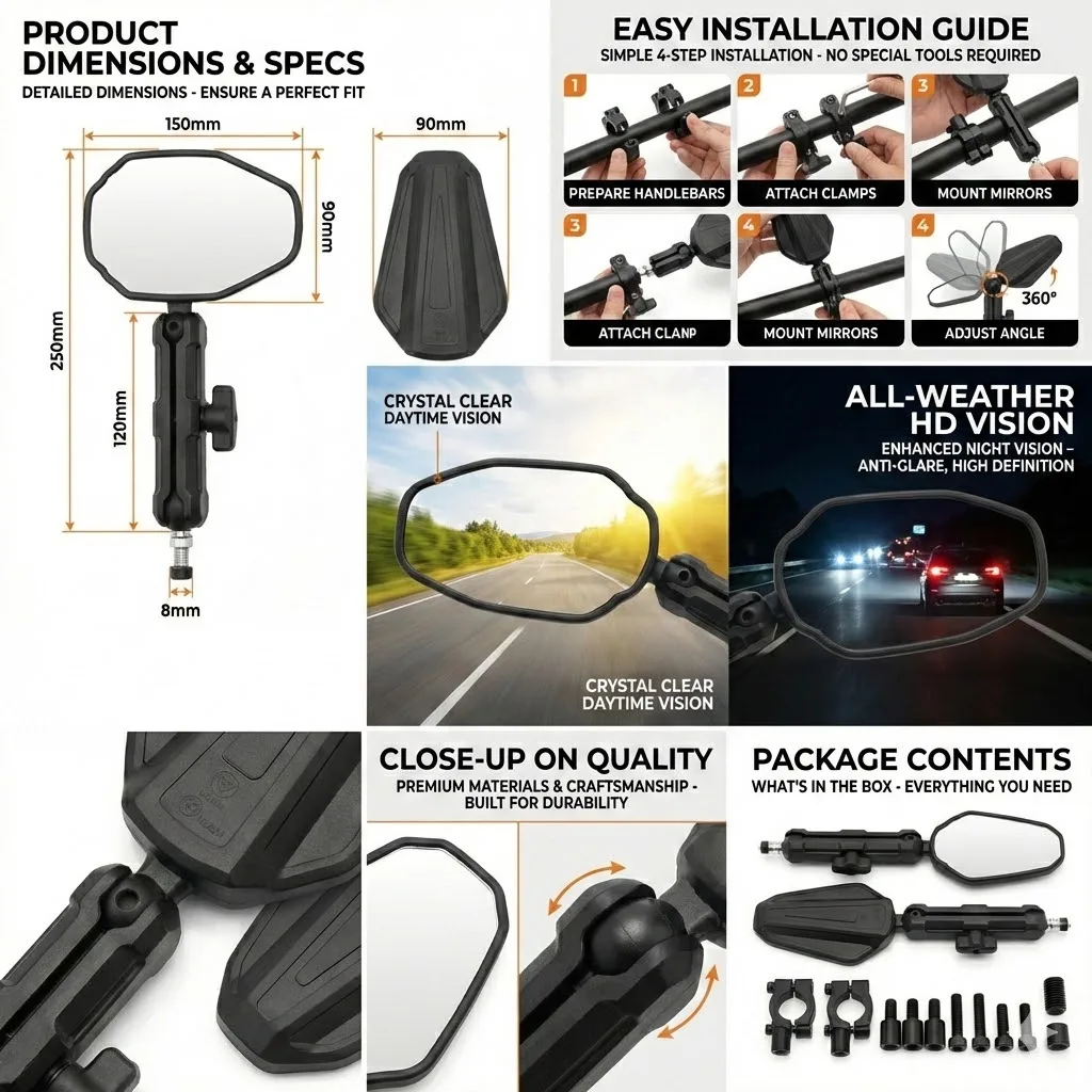 Universal Motorcycle Mirrors Angle Adjustable Folding Handlebar Side Mirror for Adventure Dirt Street Bike ATV Snowmobile Moped