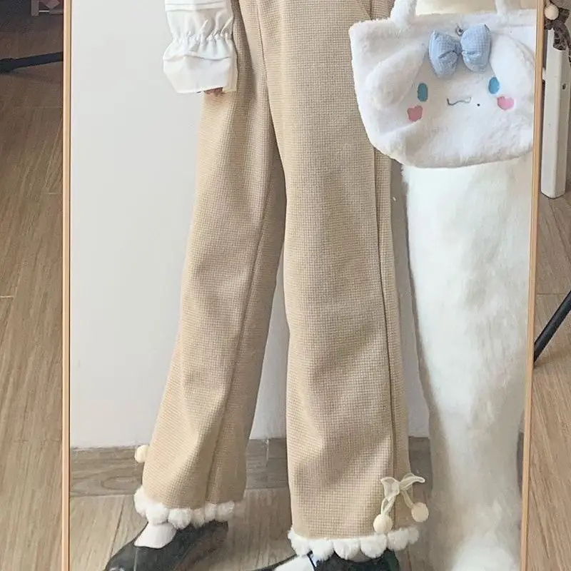 High Waist Pants Women Autumn New Leisure Trendy Loose Bow Woolen Autumn New Warm Straight Korean-style Solid Sweet Girls Cozy