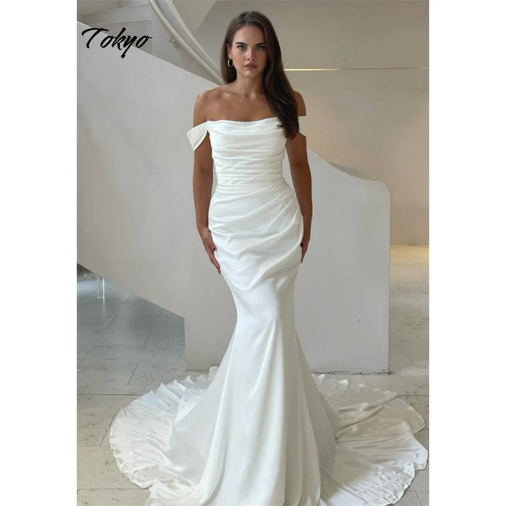 Tokyo Customized White Off Shoulder Wedding Dresses Long Sleeves Court Train Bridal Gowns 2025 Mermaid Elegant Wedding Gowns