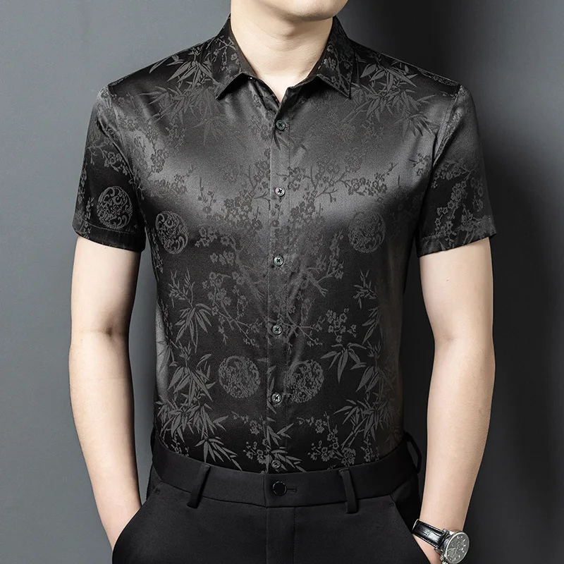 

High Quality Real Silk High-End Short-Sleeved Shirt Men's Summer Chinese Style Business Korean Version Trendy Clothing