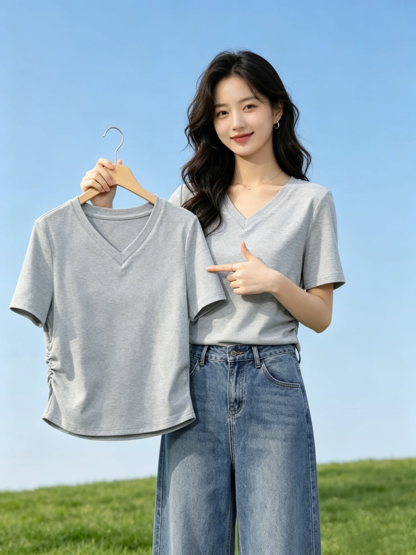 Loose Cotton V-Neck Short Sleeve T-Shirt Women's Summer New Style plus Size Conceal Meat Slimming Pure Color Top