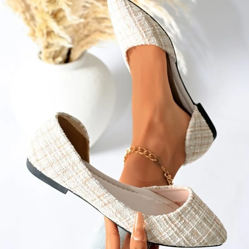 

Fashion Women Ballet Flats Pointed Toe Slip-On Woven Fabric Ladies Casual Office Dress Shoes Cut Out Flat Spring Autumn Walking