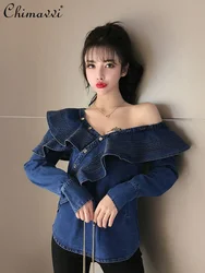 Fashion Off-Shoulder Denim Shirt 2024 Spring Clothes New High-end Sexy Slim-fit Temperament Blouse Ladies Tops All-match