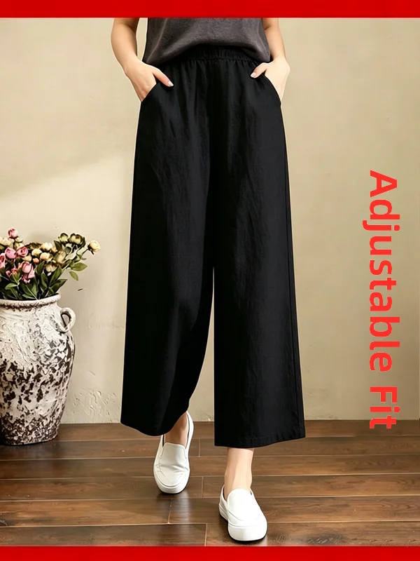 Cotton Wide Leg Pants Women's Elastic Waist Loose Fit Mom Pants Casual Nine Point Spring Summer Casual Cotton Blend Trousers