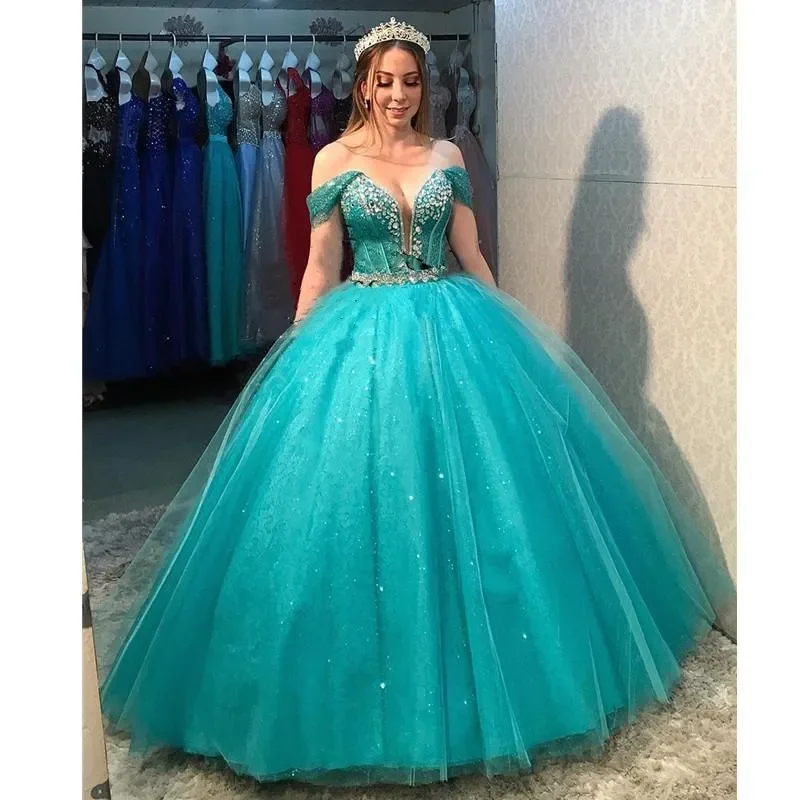 Iridescent Princess Turquoise Ball Gown Quinceanera Dresses Overskirt Off Shoulder Crystal Beads Long Formal Evening Party Gowns