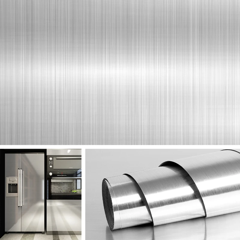 PVC Metal Brushed Silver Wallpaper Peel and Stick Waterproof Oil-proof Wall Decoration Film Stainless Steel Decor Contact Paper