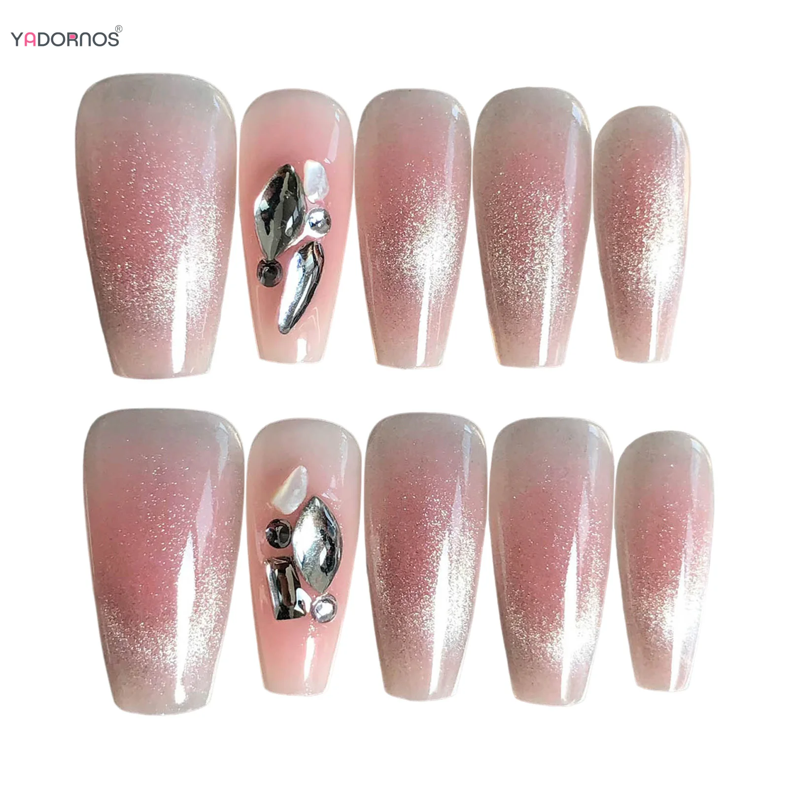 Handmade Blush Pink Unhas Postiças, Glitter Cat's Eye, Pressione nas unhas com desenhos brilhantes de strass, capa completa, unha Wearabe, 10pcs