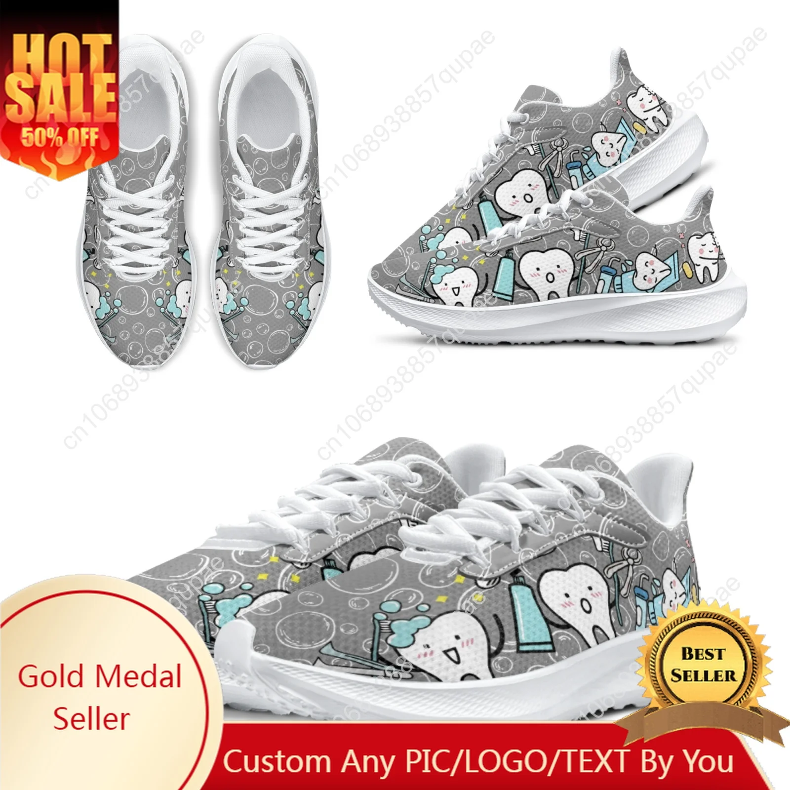 

Gray Cartoon Teeth Dental Medical Girl Boy Running Shoes Comfortable Breathable High Quality Height-increasing Shoe Custom Shoe