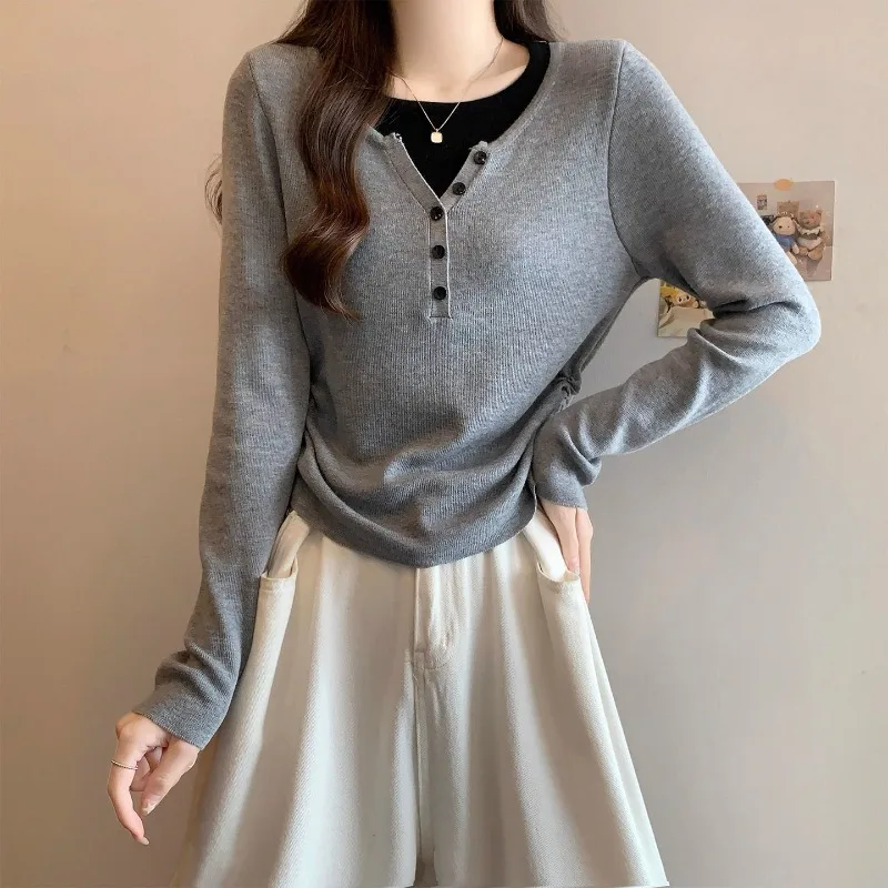 

Женская универсальная футболка в корейском стиле из чистого хлопка с длинным рукавом, имитация двухслойного дизайна, с завязками, для осенне-зимнего сезона