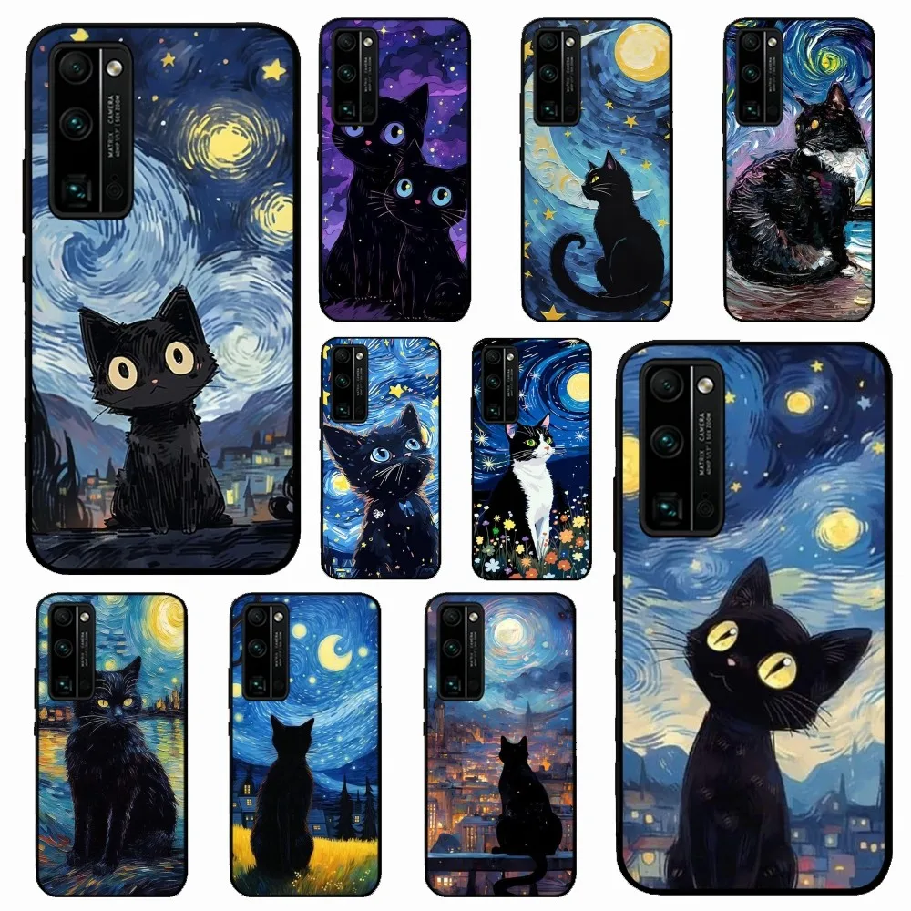 Starry Sky Black Cat Phone Case For Huawei Honor 10 Lite 9 20 7A 9X 30 50 60 70 Pro Plus Soft Silicone Cover