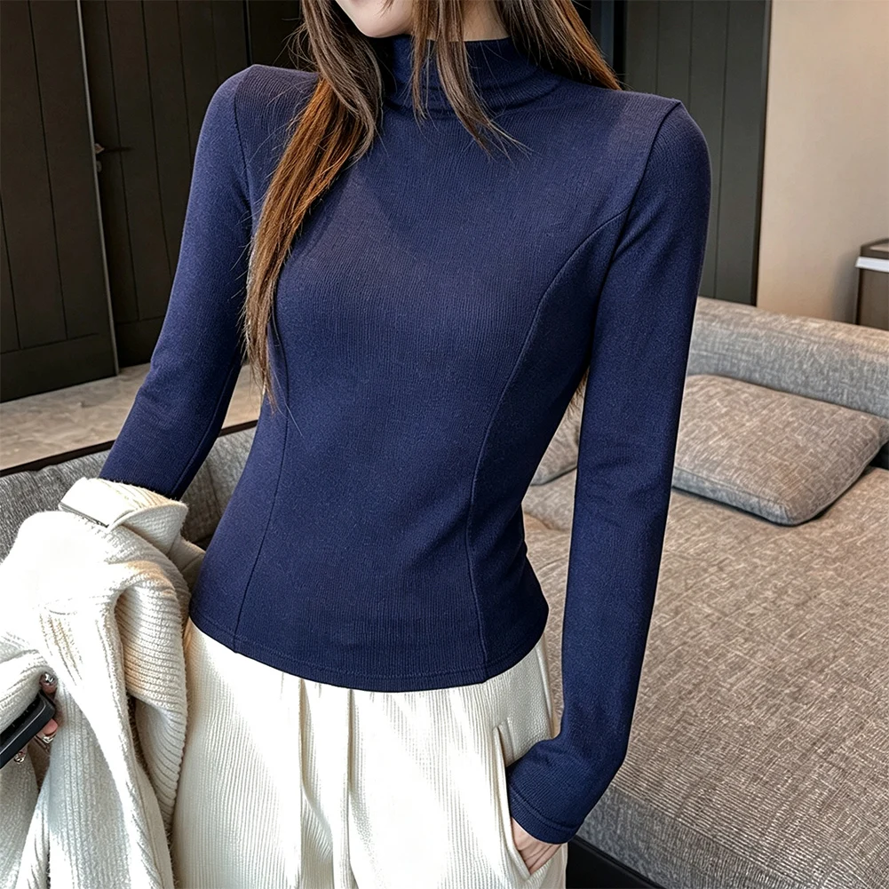 Women's Solid Color 1semi -high Neck Threaded Splicing Long Sleeved T-shirt Base Shirt Spring And Autumn Seasons Tops