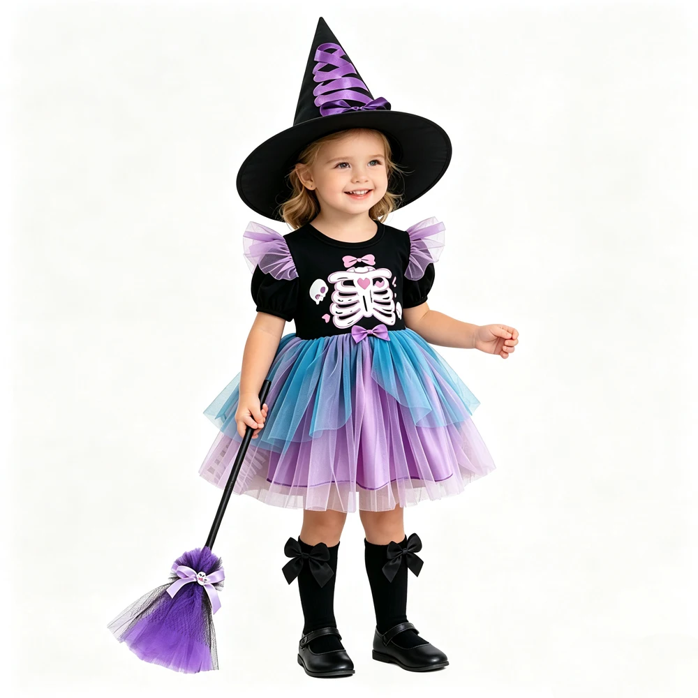 Infant Girls Halloween Skeleton Tutu Dress Festival Party Fancy Baby Purple Witch Costume Newborn Puff Tulle Dress Ghost Outfits