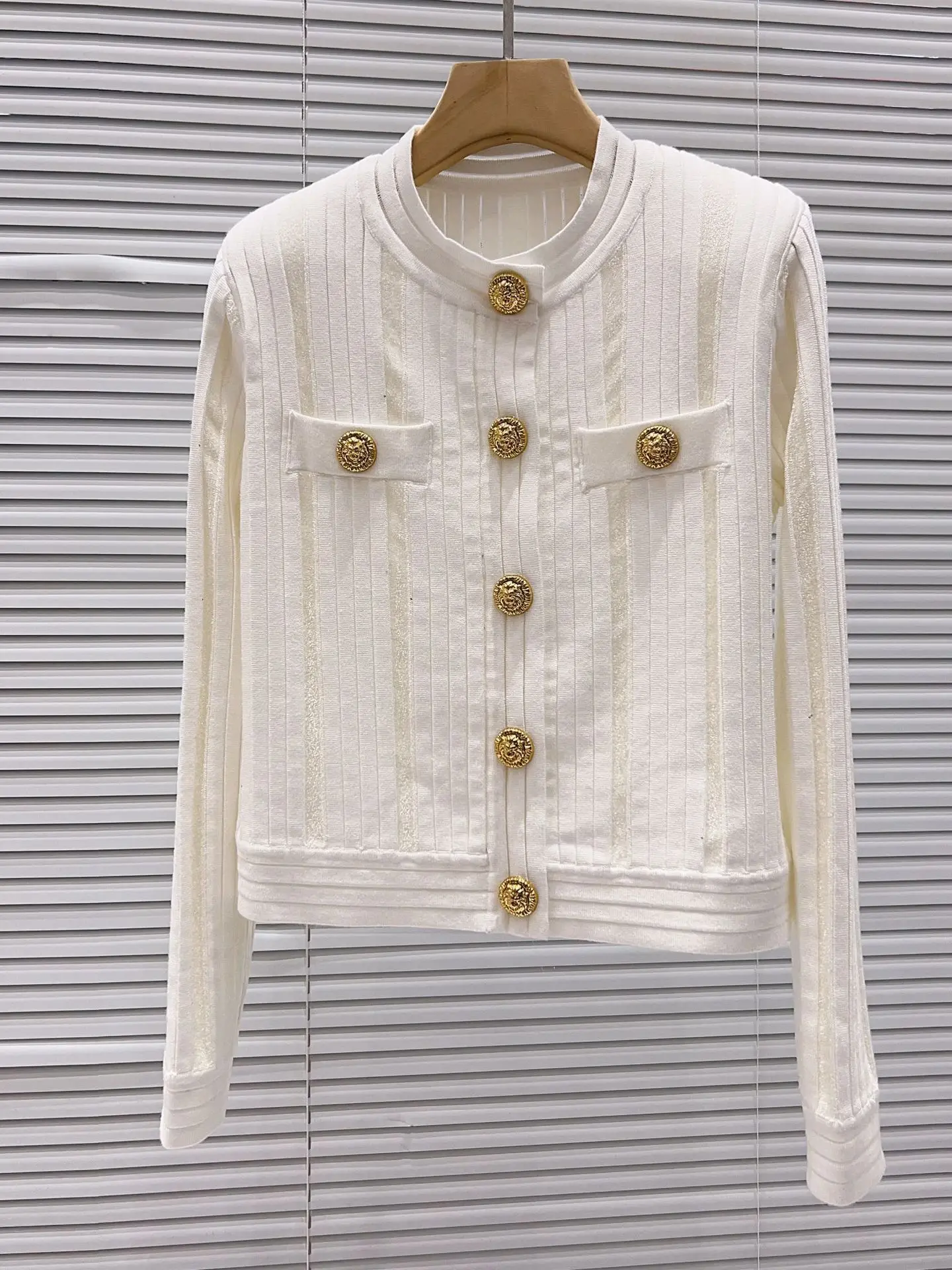 Luxury Edition Parisian Style Shiny Sequin Knitted Jacket Golden Buckle Elegant Fashionable All-Match Women's Open Cardigan