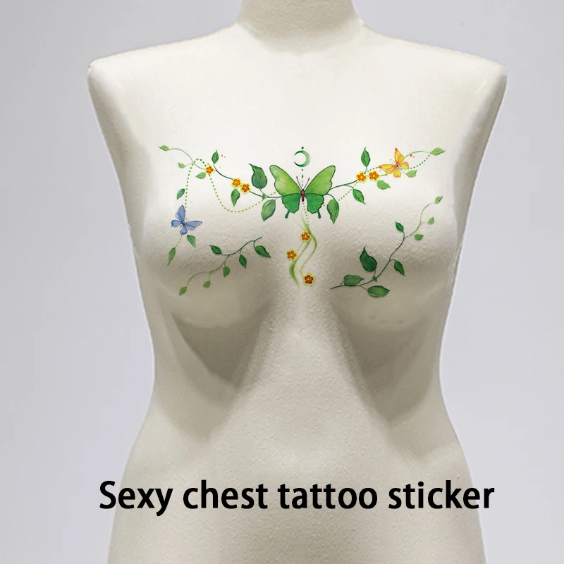 Trendy and Sexy Colored Green Butterfly Chest Temporary Sticker Waterproof and Sweat Proof Disposable Tattoo Sticker
