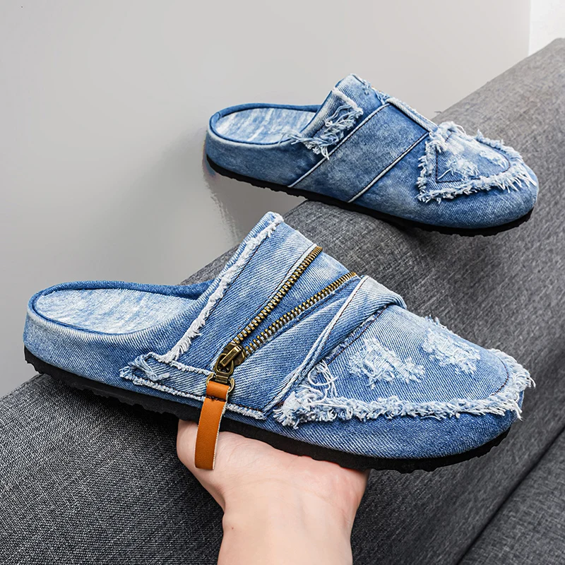 American Retro Distressed Denim Slippers with Frayed Edges, Zipper, No Back Strap, Slip-On Closed-Toe Sandals, Street Fashion Shoes
