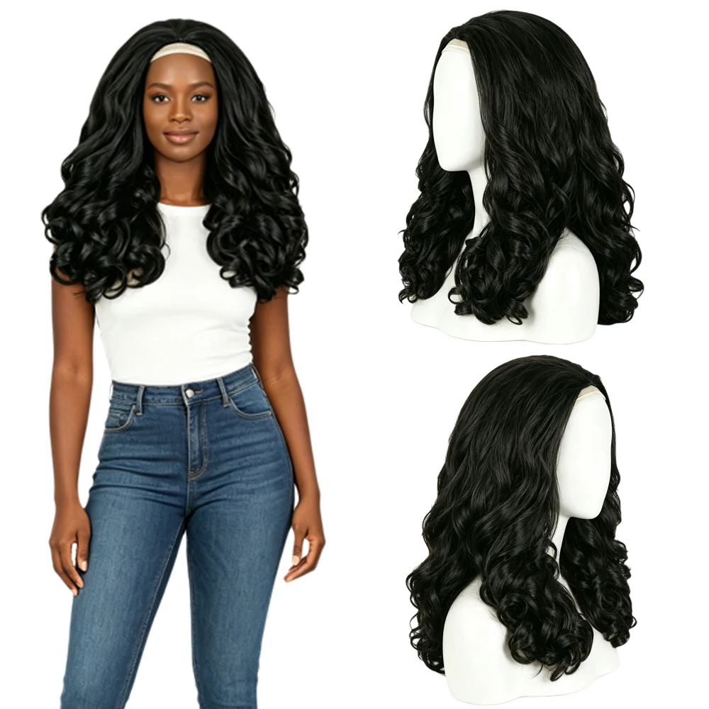 

Long Body Wave Half Wig for Black Women, Soft Heat Resistant Synthetic Hair Natural Hairline Lightweight Half Wig for Daily Wear