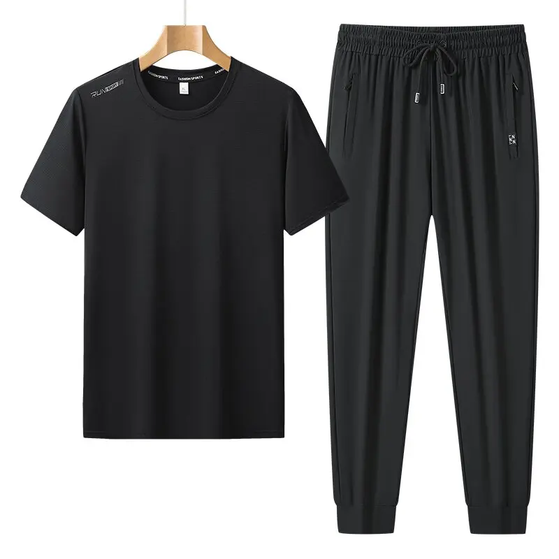Summer Fashion Solid Color Fitness Running Short Sleeve T-Shirt Set Men's Casual Loose Sports Breathable Plus Size Two-Piece Set