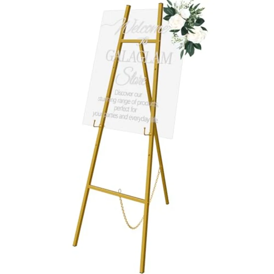 Easel Stand for Signs 57" Gold Easel Adjustable 4 Tier Floor with Chain Support Metal Easels for Painting Display Stand for Wed