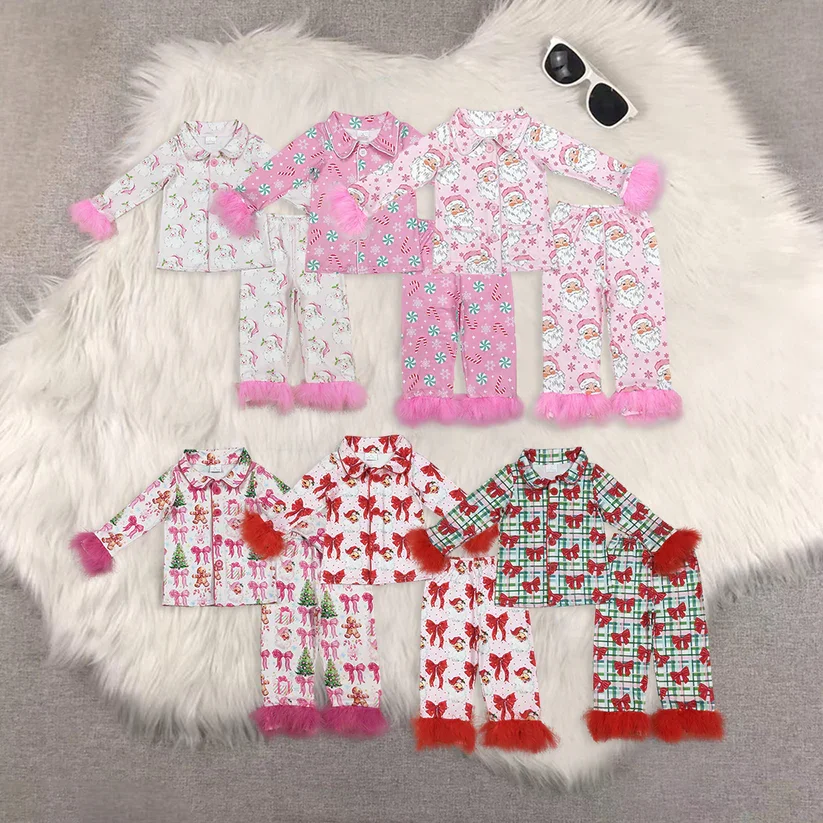 

Hot Sale Sister Wear Pajamas Baby Girls Pajamas Christmas Buttons Fur Shirt Pants Sleepwear Clothes Girls Pajamas Set