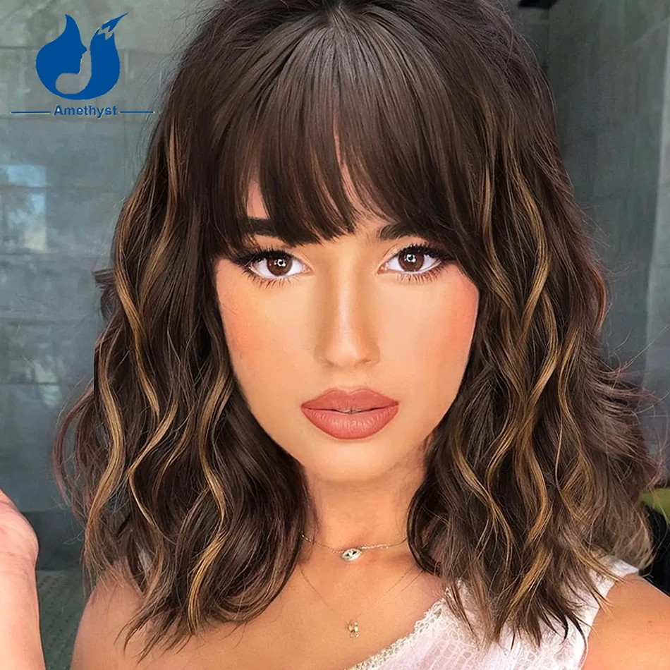 

Amethys Highlight Wavy Scalp Top Shop Bob Wig with Bangs 100% Human Hair Full Machine Made Wig for Women Brazilian Curly Colored