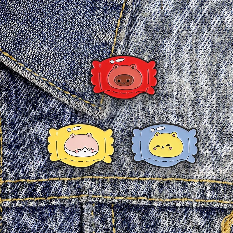 Kawaii Tier-Bonbonverpackungs-Emaille-Abzeichen-Set Schwein Katze Nilpferd Schlafendes Gesicht Süße Anstecknadeln Legierungs-Broschen Schmuckgeschenke für Kinder – Detail 2