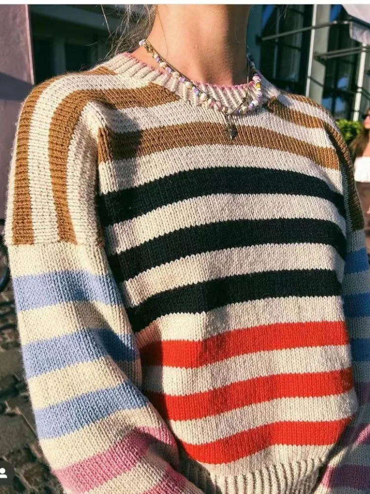 Round Neck Colorful Striped Women\'s Knitted Sweater Casual Long Sleeve Warm Pullover Autumn Winter Versatile Commute Streetwear