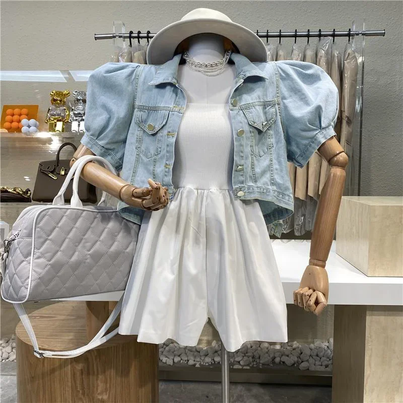 Women Summer Short Denim Jacket Puff Sleeve Top