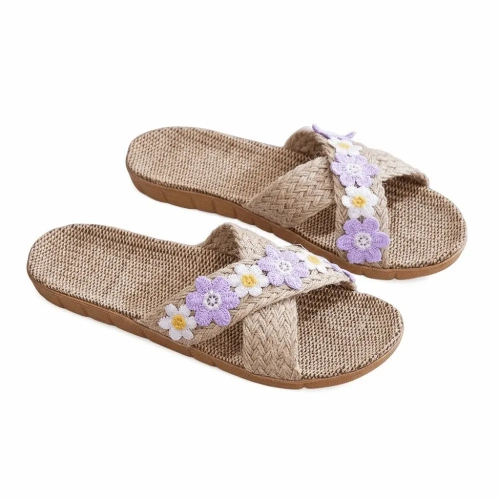 

Пара ретро-шлепанцев из льна в богемном стиле с цветочным этническим узором, нескользящие, на плоской подошве, соломенные, для пляжа и бассейна