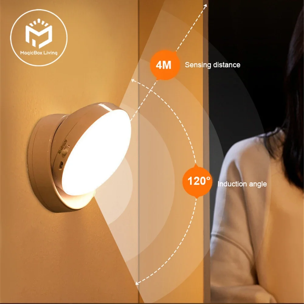 PIR Motion Sensor Night Light 360 Rotated Led Wall Lamps Rechargeable Auto/On/Off Under Cabinet Light Wireless Closet Night Lamp