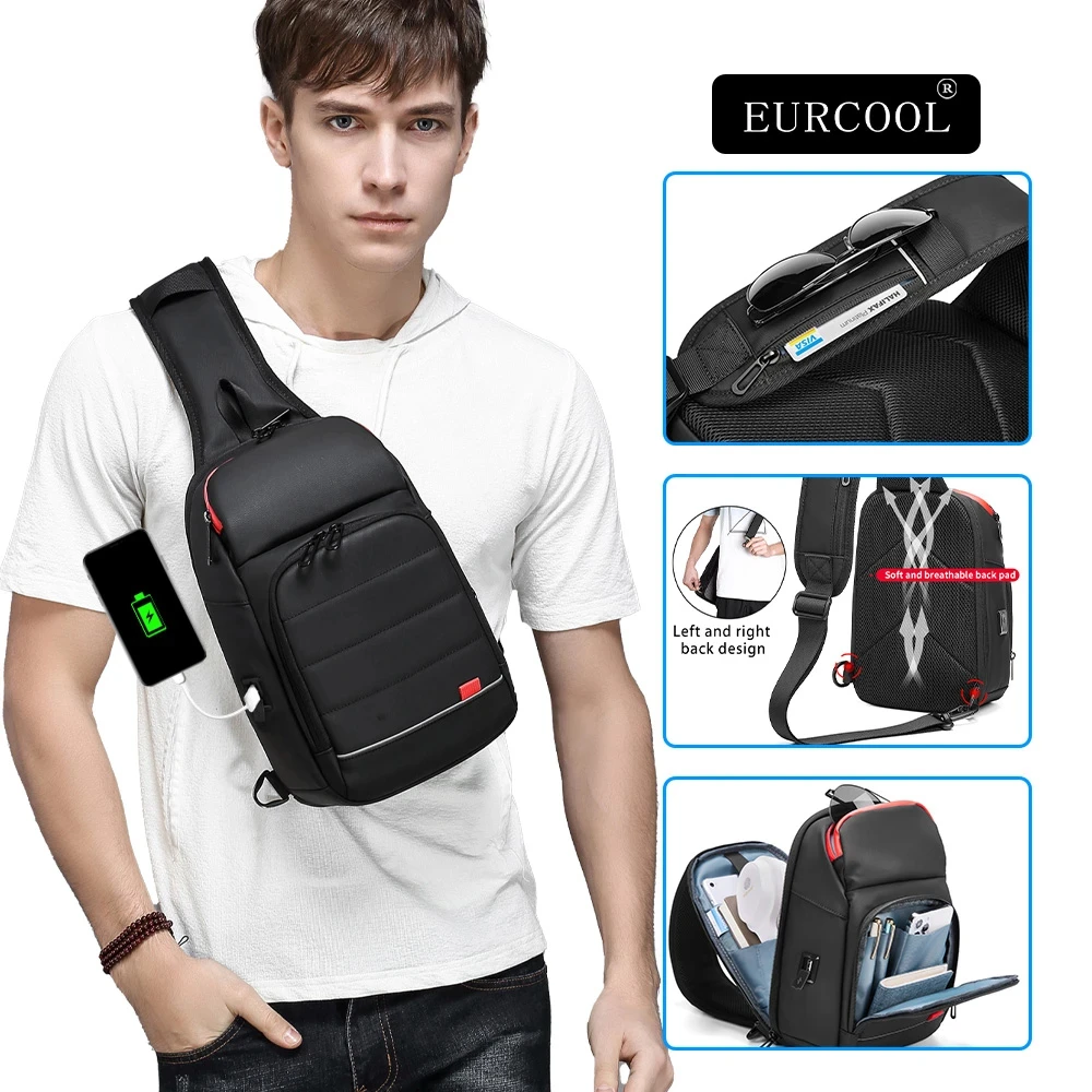 

Men's sling bag, chest waterproof crossbody bag, husband gift messenger bag with USB charging 9.7-inch iPad