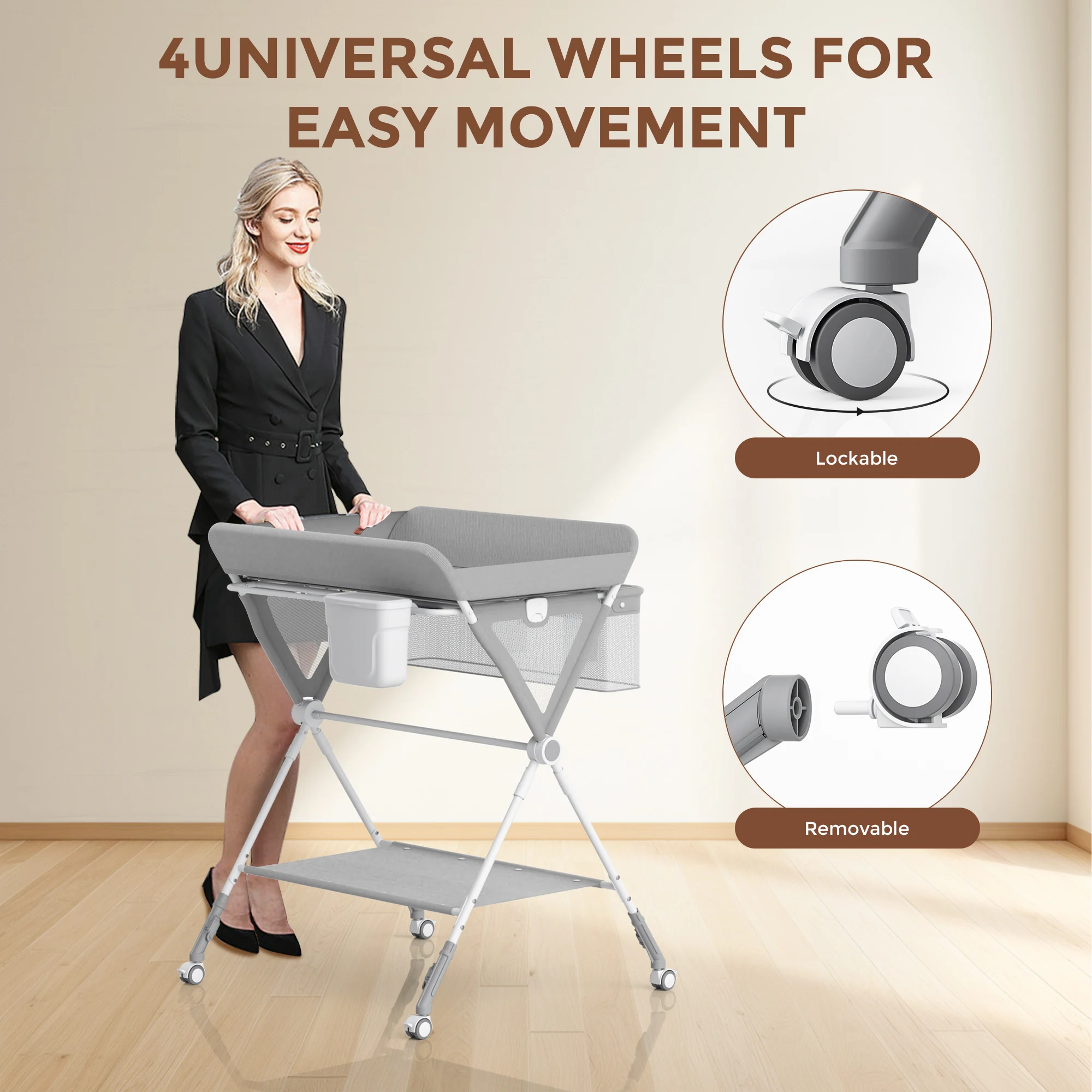 SEJOY Foldable Baby Changing With Wheels Table Portable Height Adjustable Diaper Care Station Mobile Infant Newborn Diaper Table